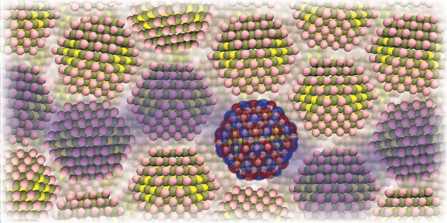 Enlarged view: Tightly packed crystals in a nanocrystal semiconductor: the model developed by ETH researchers describes every single atom. (Visualisation: ETH Zurich / Nature Communications)